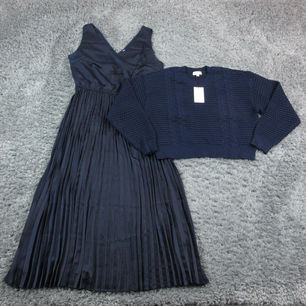 Navy Pleated V-Neck Maxi Dress with Knit Bolero - Brand:
